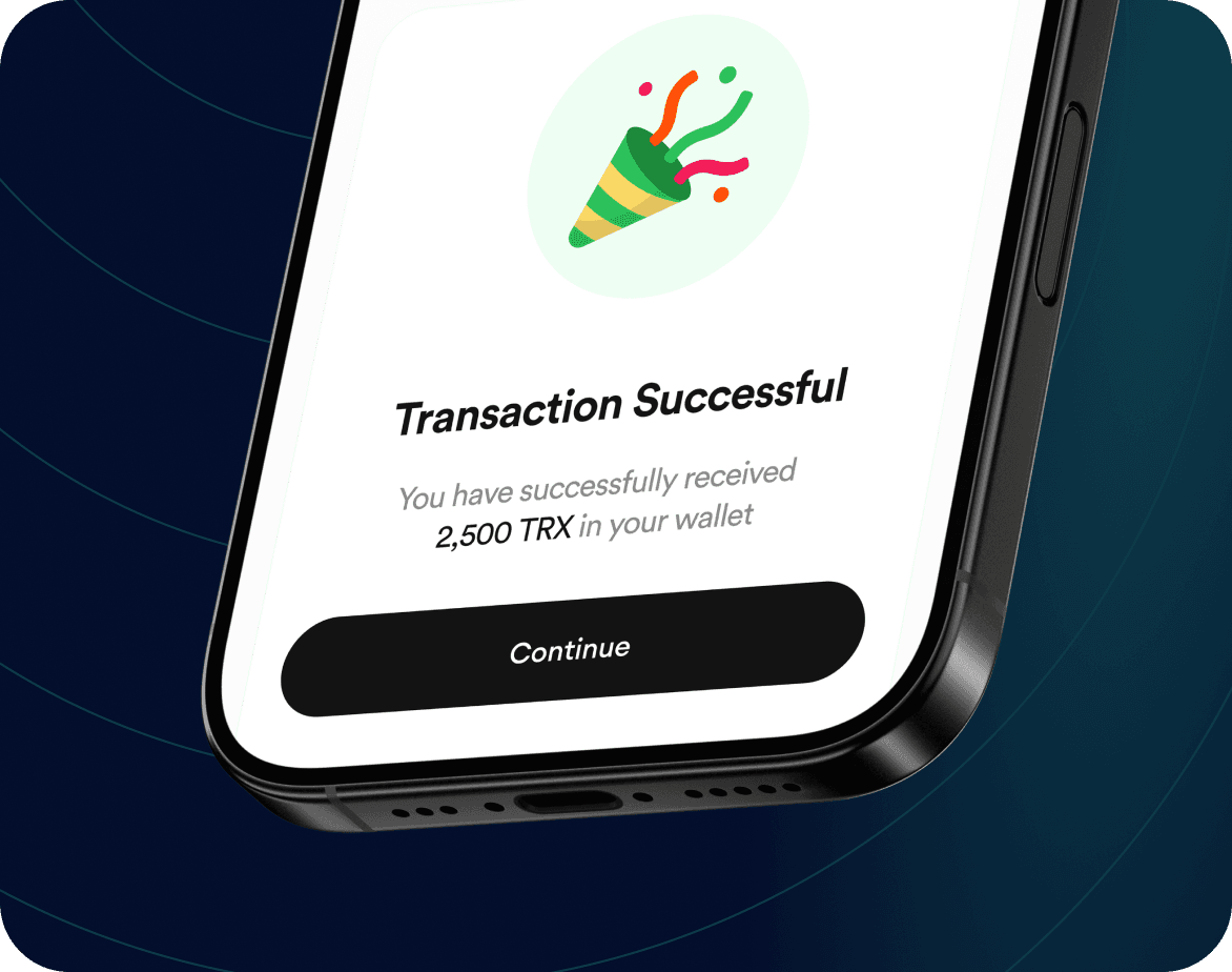 FlipEx app showing Tron (TRX) received successfully in wallet