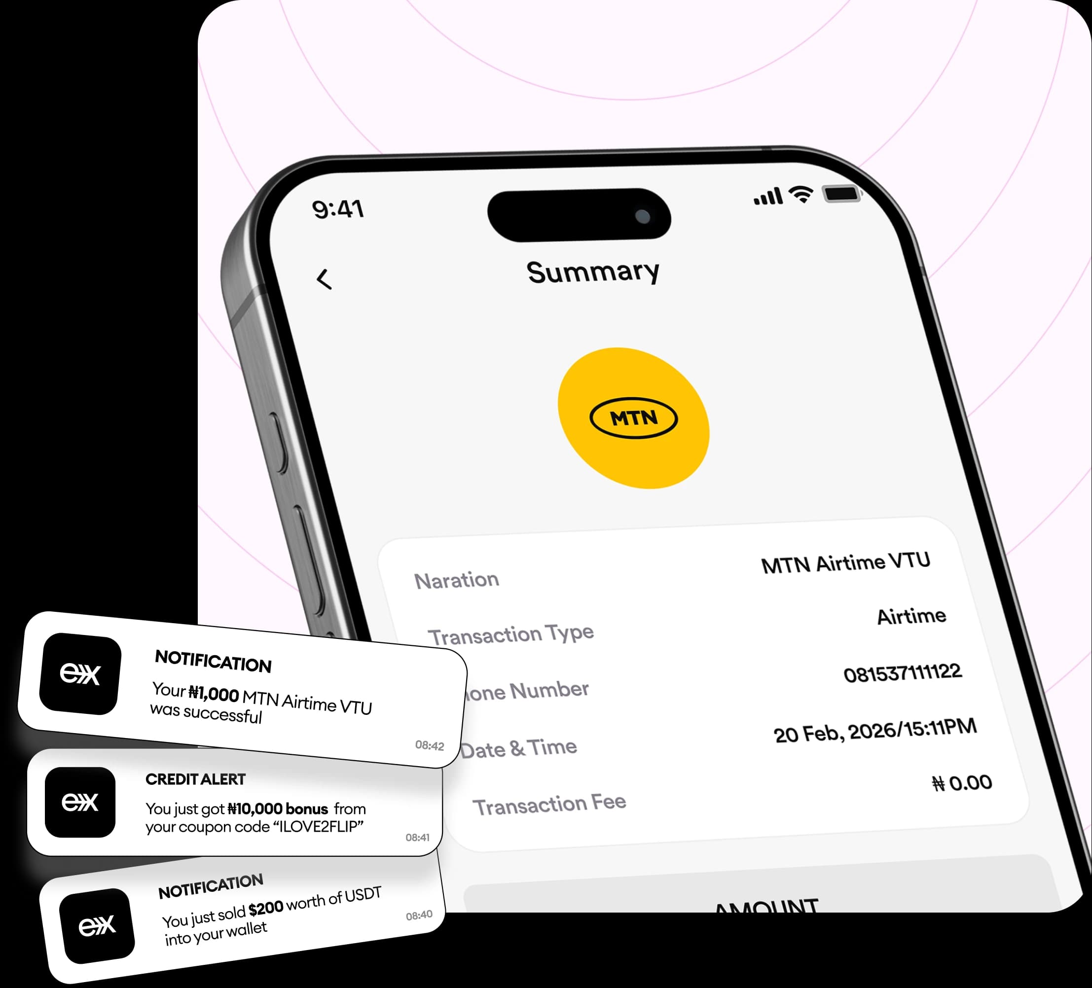 FlipEx app showing airtime purchase screen for MTN, Airtel and GLO recharge