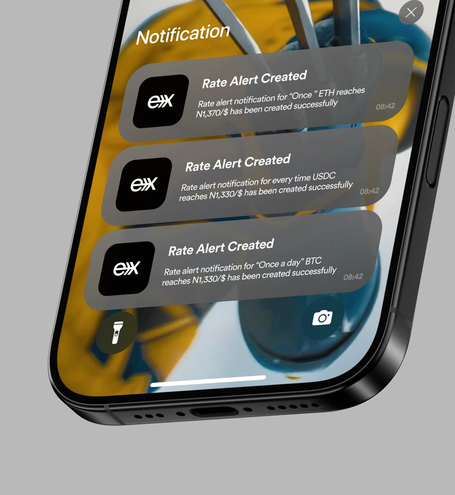 FlipEx rate alert notification frequency options — Once, Once a day, Always