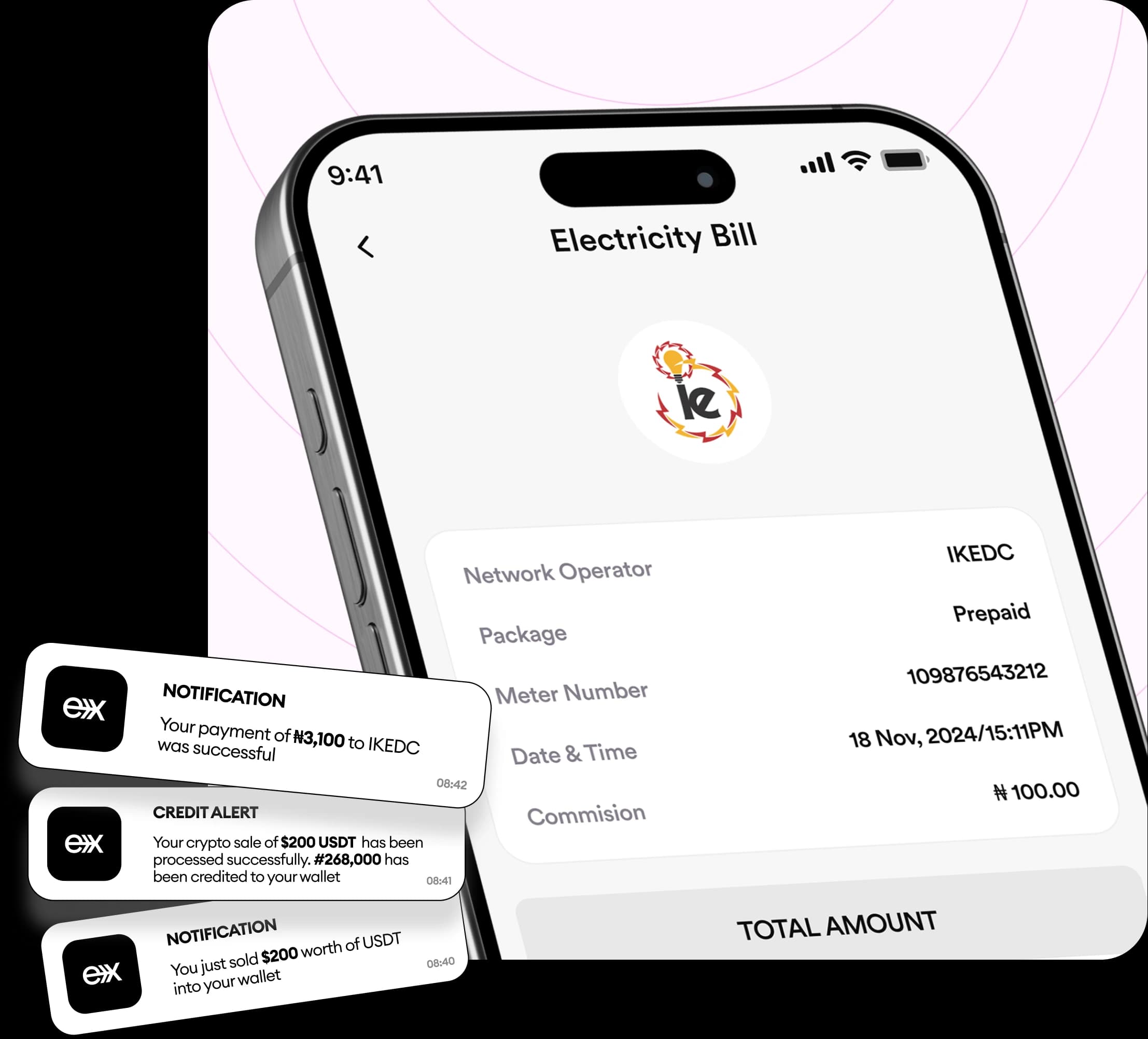 FlipEx app showing electricity bill payment screen for IKEDC, EKEDC and IBEDC