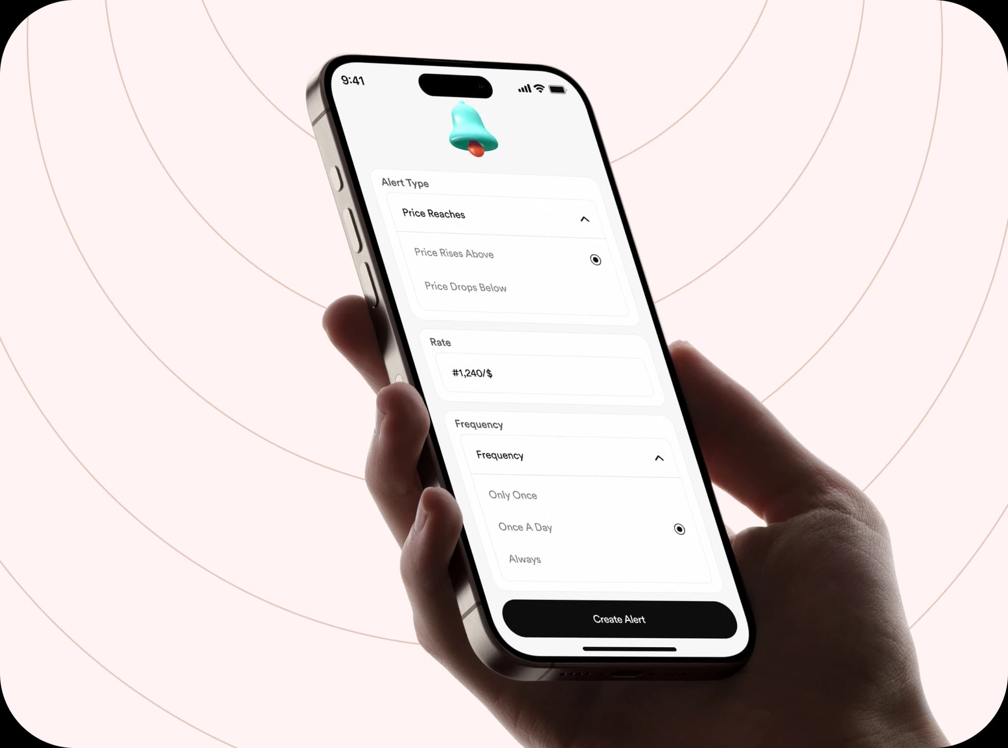FlipEx rate alert setup on iPhone — choose alert type, rate, and frequency
