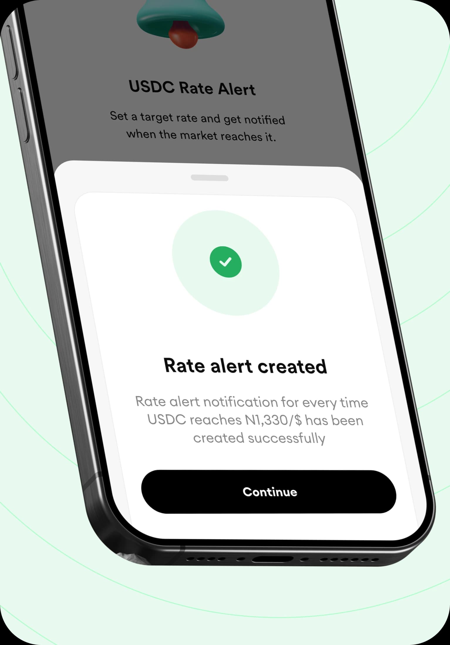 FlipEx app showing a successfully created USDC rate alert