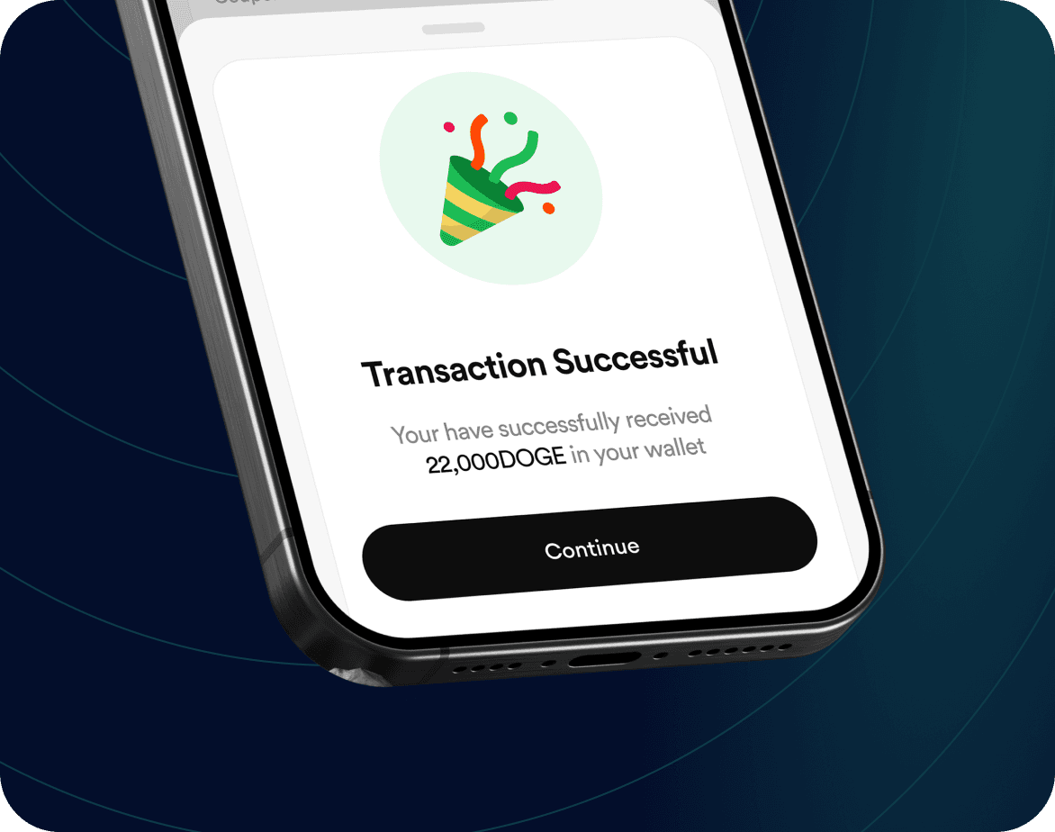 FlipEx app showing Dogecoin received successfully in wallet