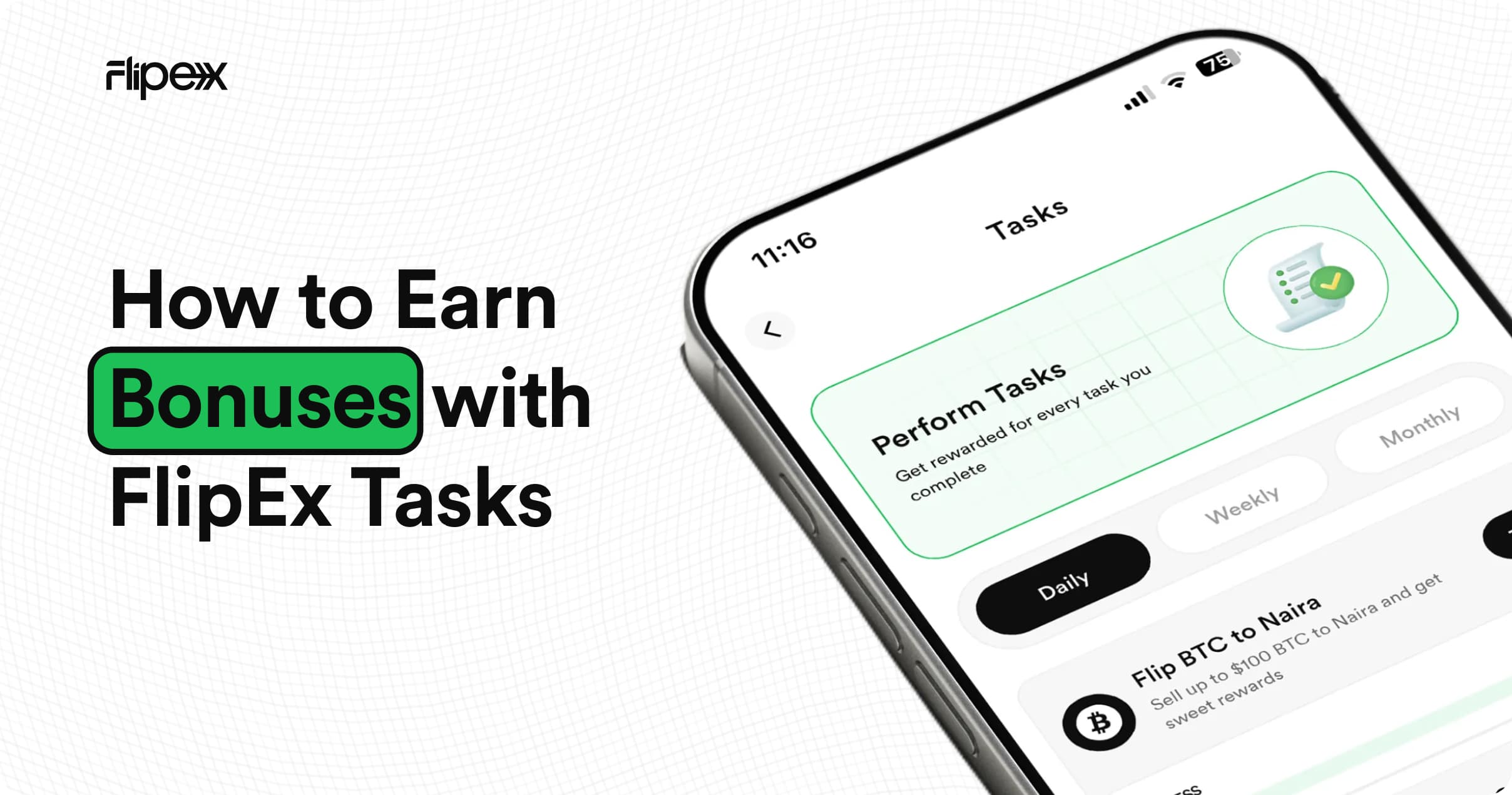 Tasks page on FlipEx app showing Daily, Weekly & Monthly active task cards visible including progress bars.