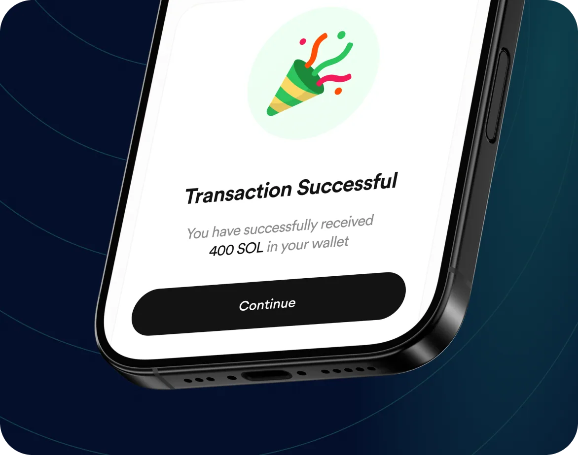 FlipEx app showing Solana received successfully in wallet