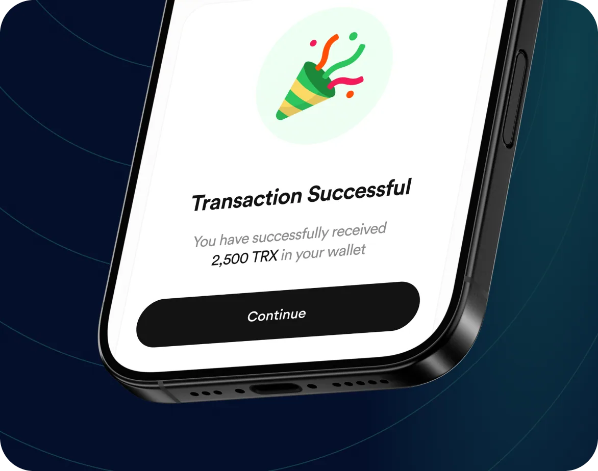FlipEx app showing Tron (TRX) received successfully in wallet
