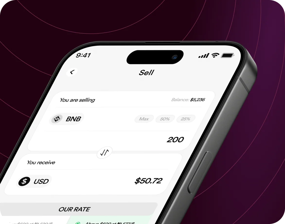 FlipEx app showing BNB sold and Naira credited to wallet