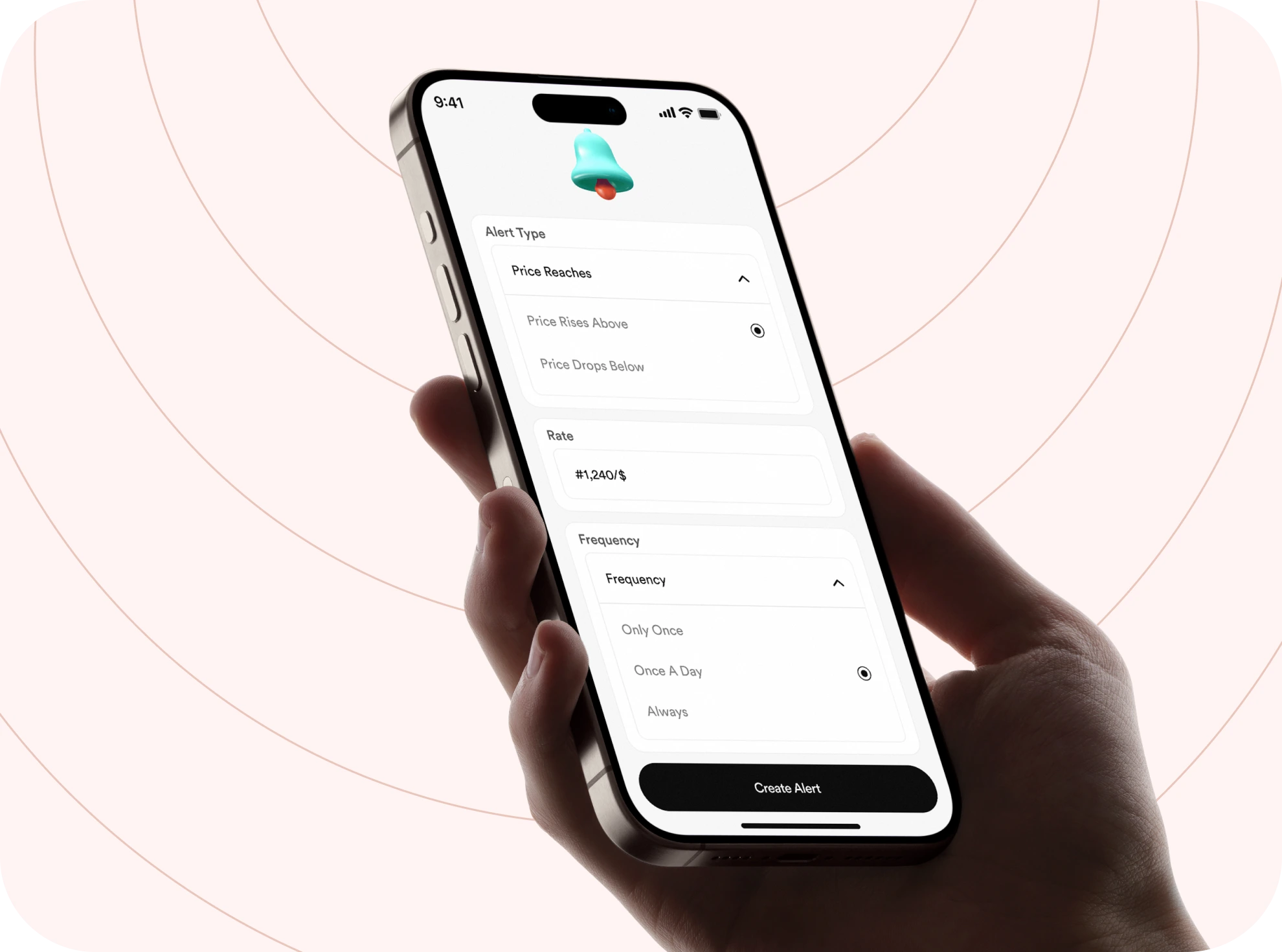 FlipEx rate alert setup on iPhone — choose alert type, rate, and frequency