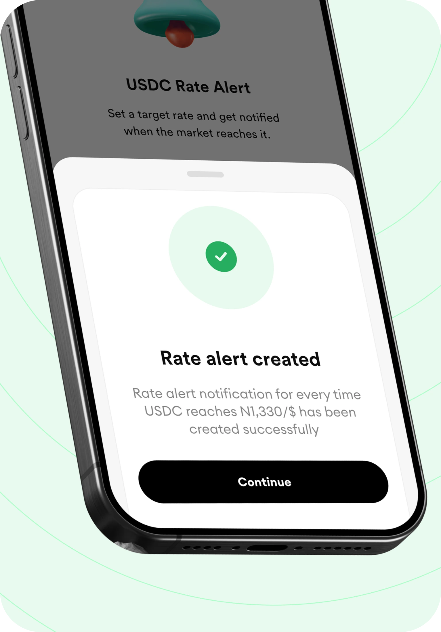 FlipEx app showing a successfully created USDC rate alert
